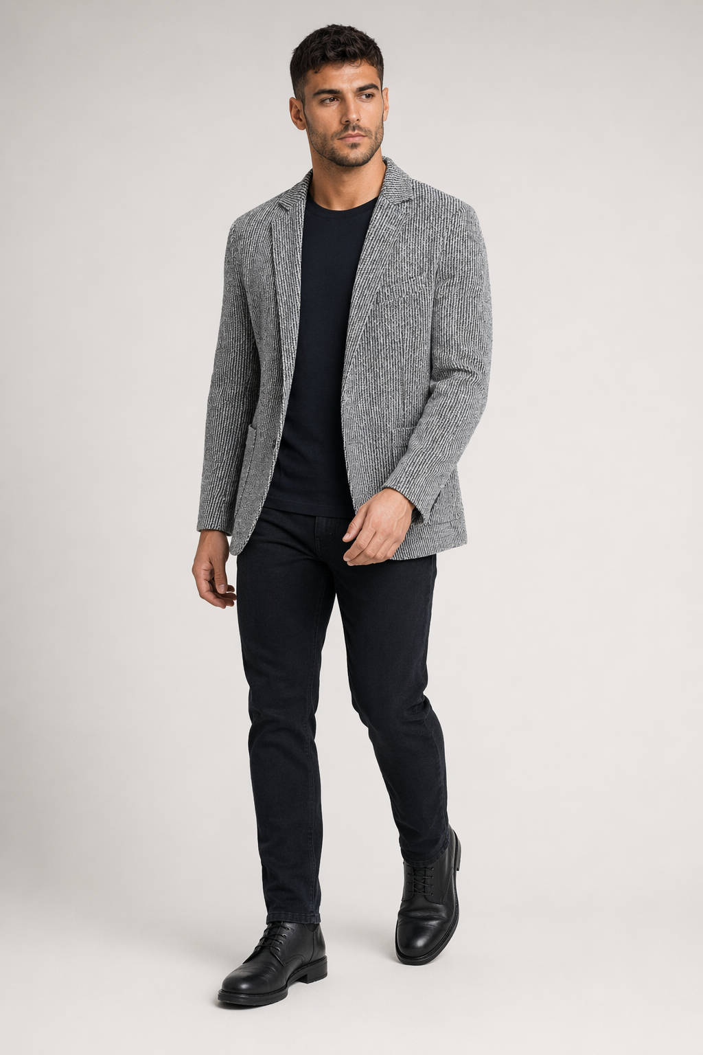 Striped Casual Blazer - Single Button for Men Light Gray