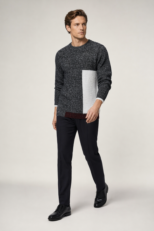 Color-Blocked Round Neck Men's Sweater Black