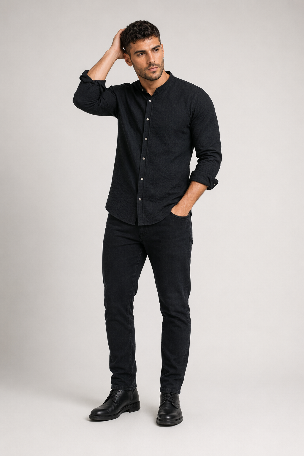 Men's Button-Up Shirt with Mandarin Collar Black