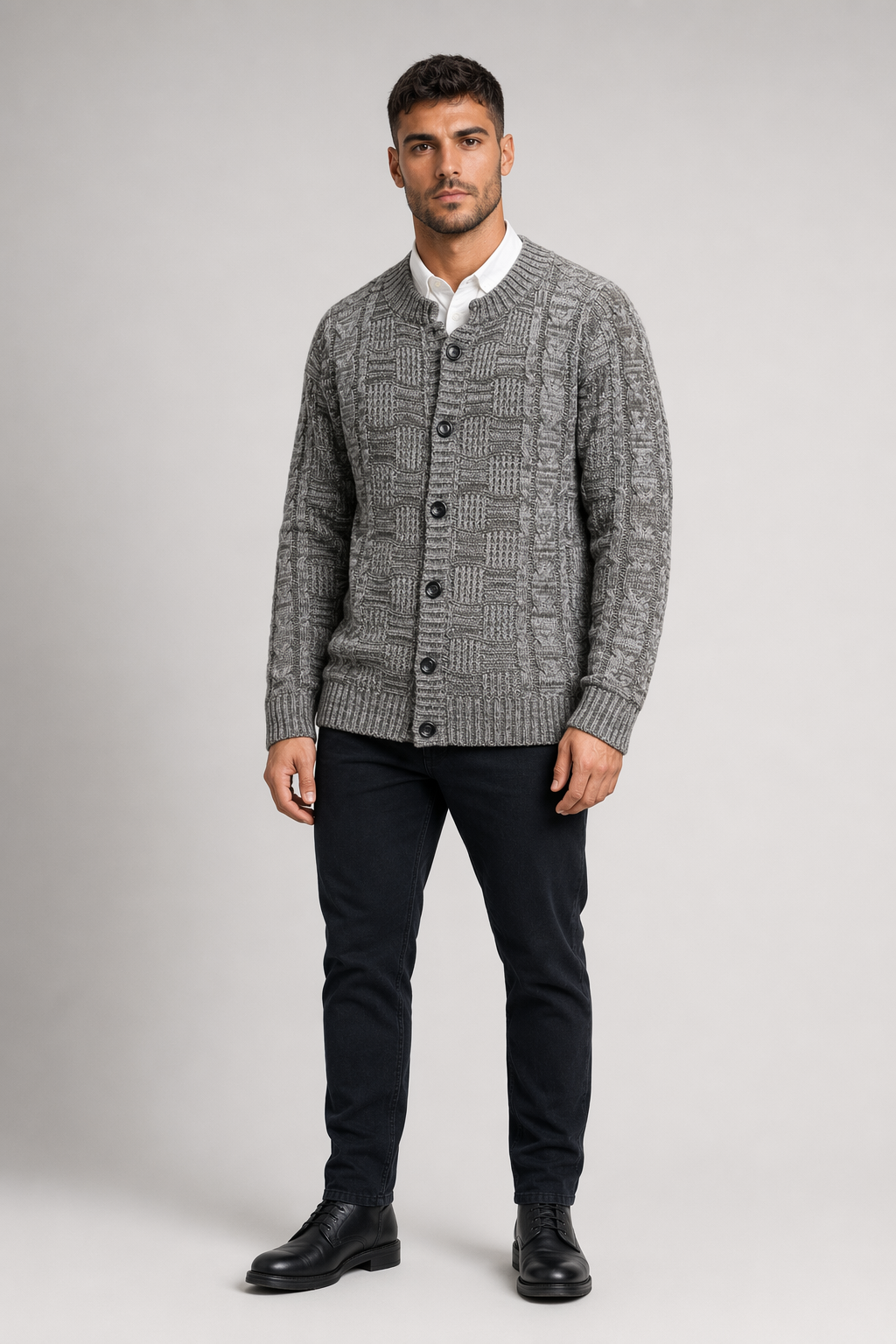 Khaki Button Front Crew Neck Men's Cardigan Default