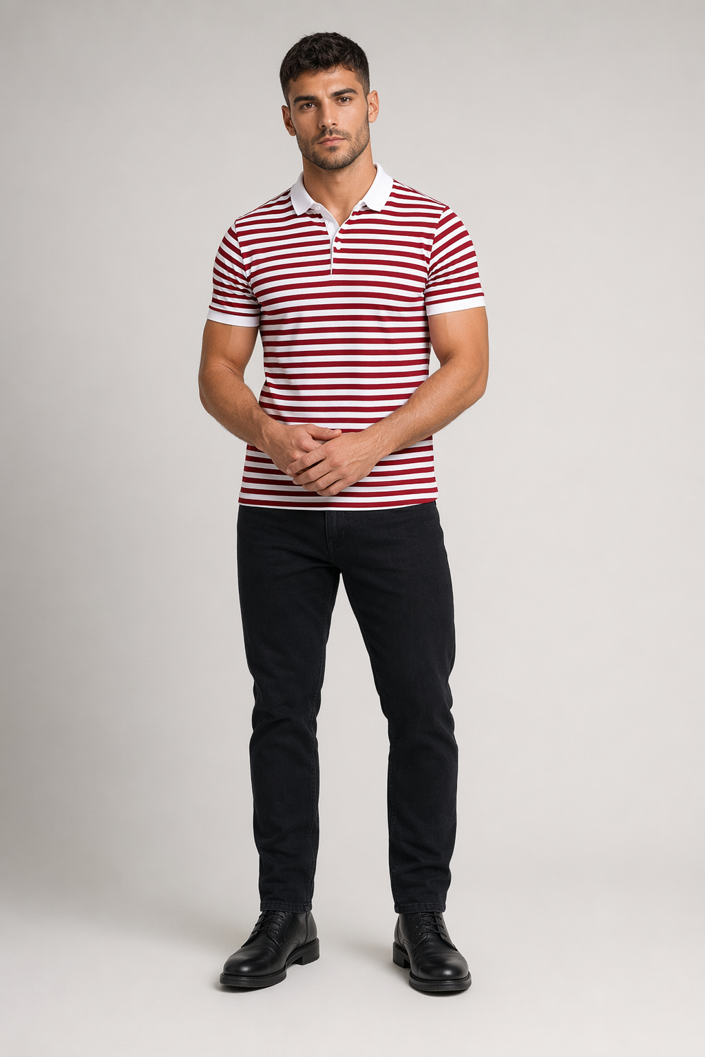 Slim Fit Polo Shirt for Men with Short Sleeves in Stripes Red