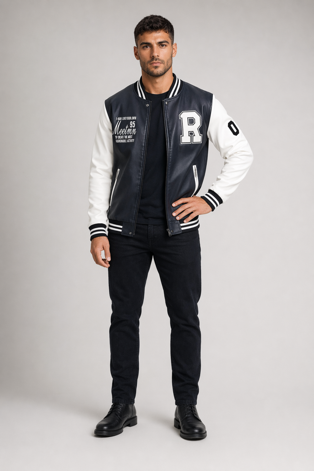Men's Synthetic Leather Baseball Jacket White
