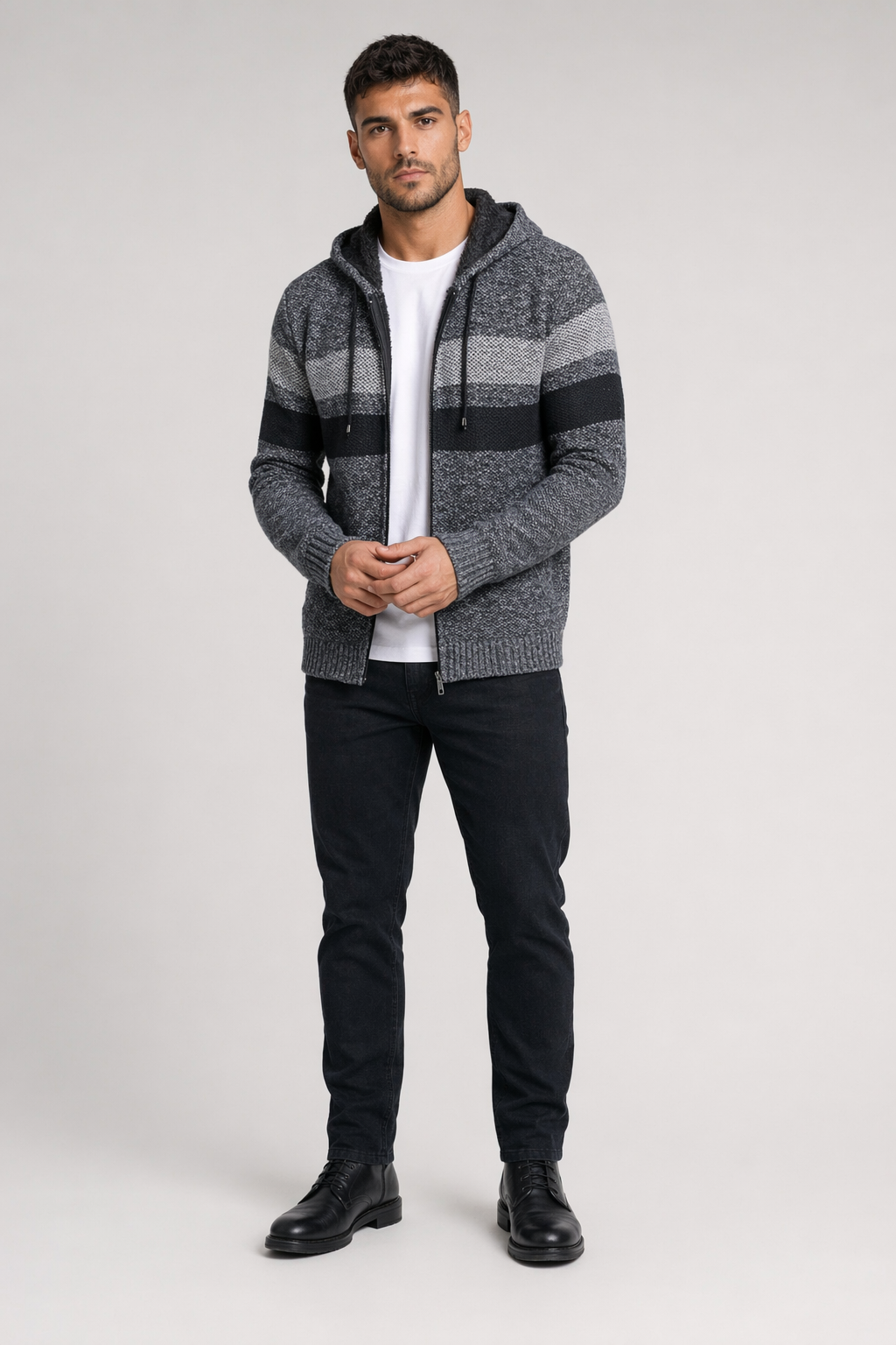 Hooded Men's Striped Knitted Sweater Dark Gray