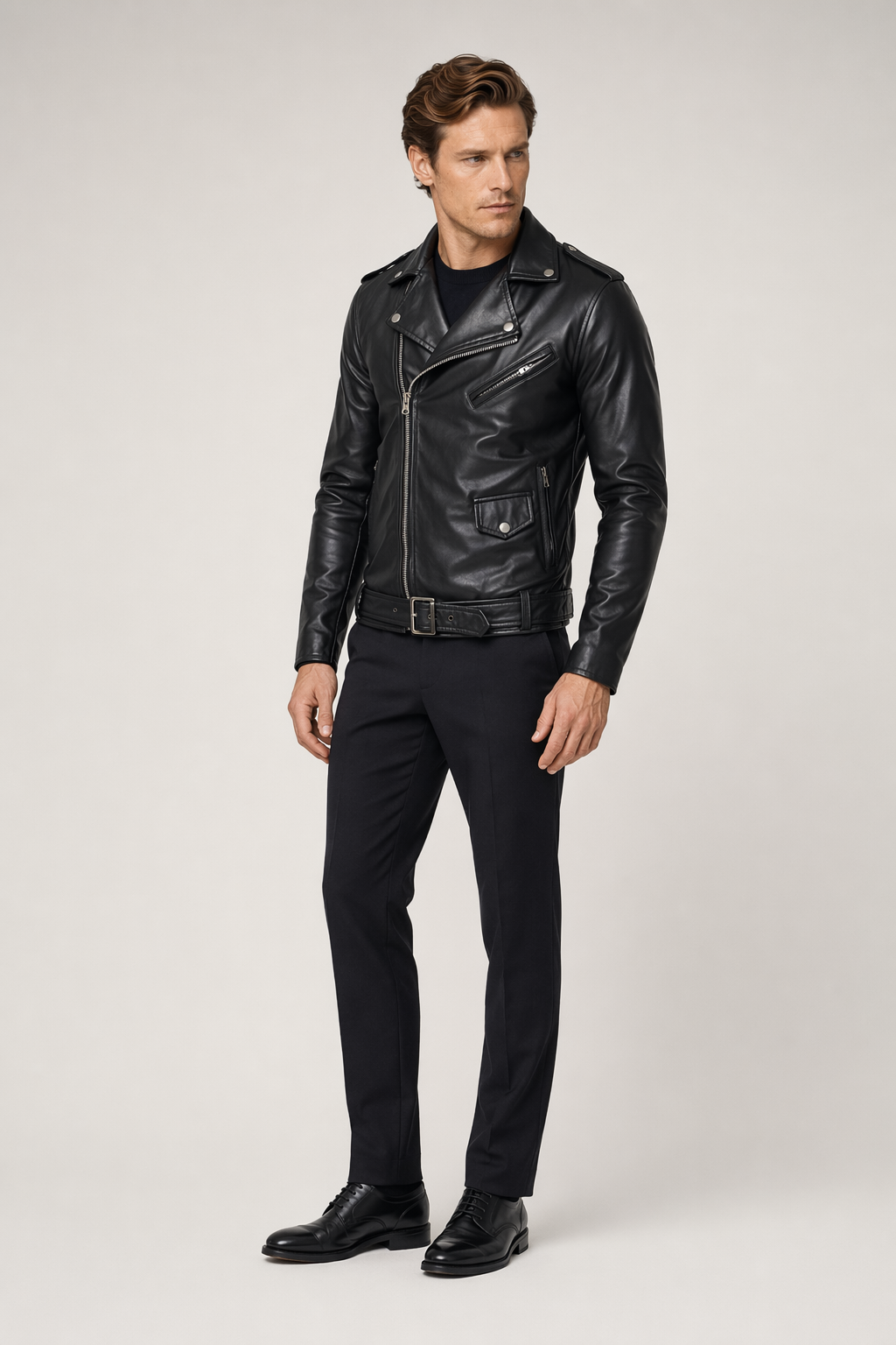 Stealthy Black Faux Leather Biker Jacket for Men Default