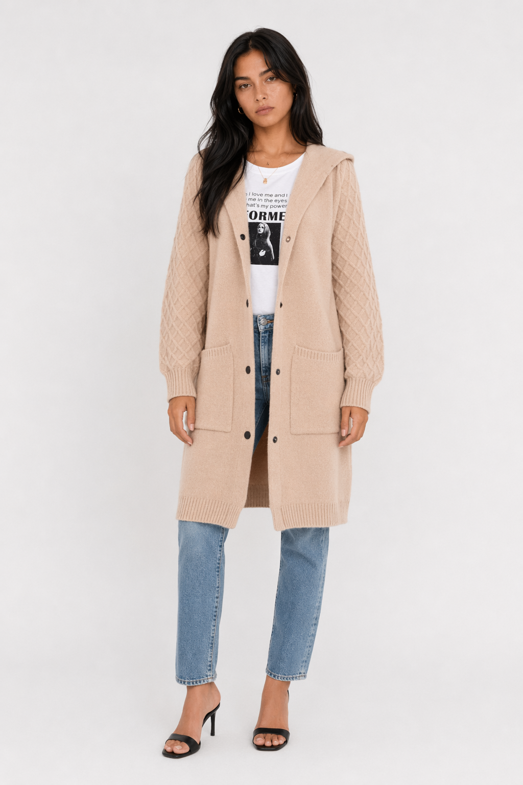Mid-Length Women's Hooded Cardigan Khaki