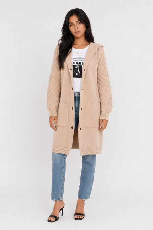 Mid-Length Women's Hooded Cardigan Khaki