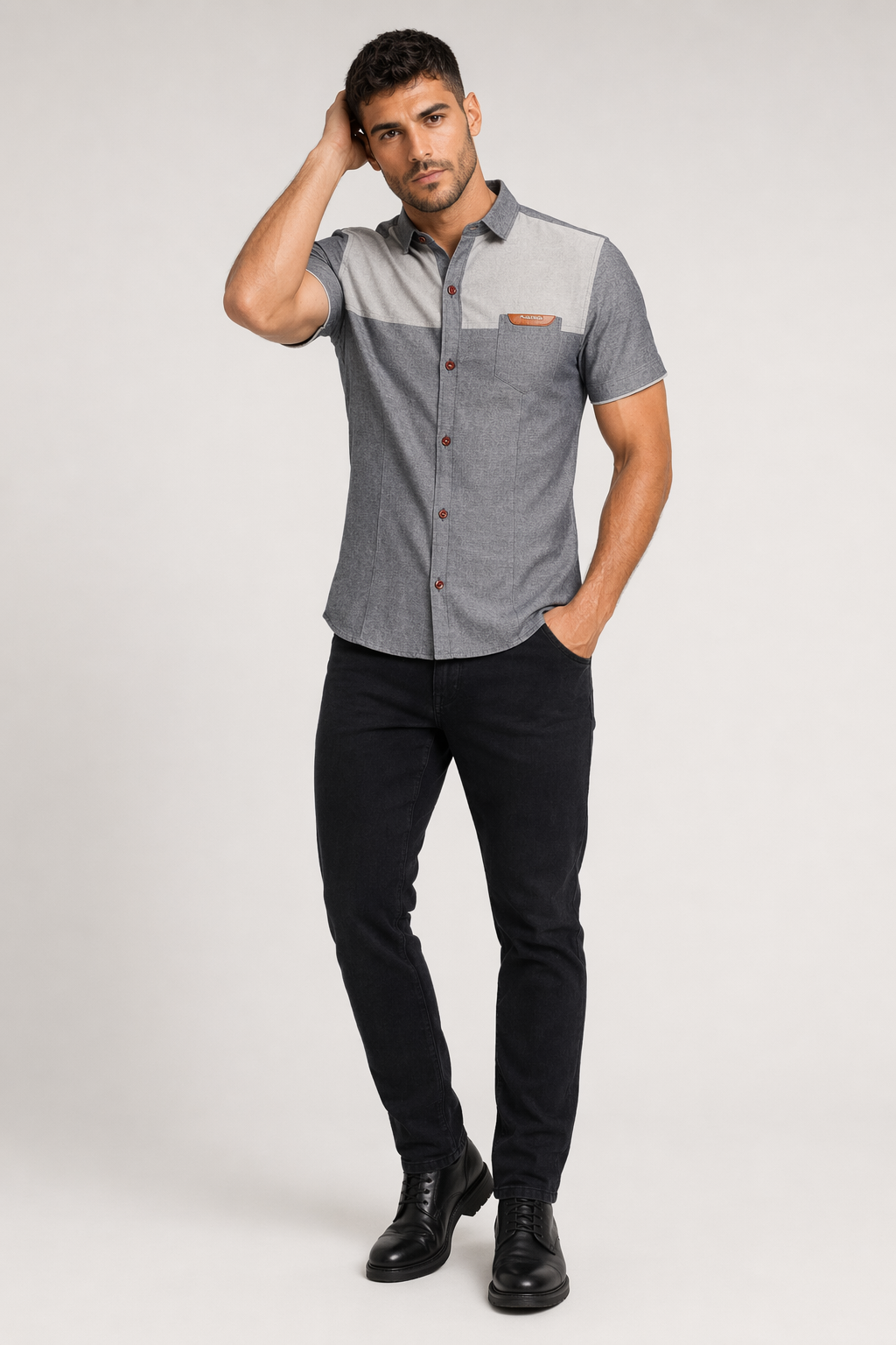 Color Block Men's Denim Shirt Gray