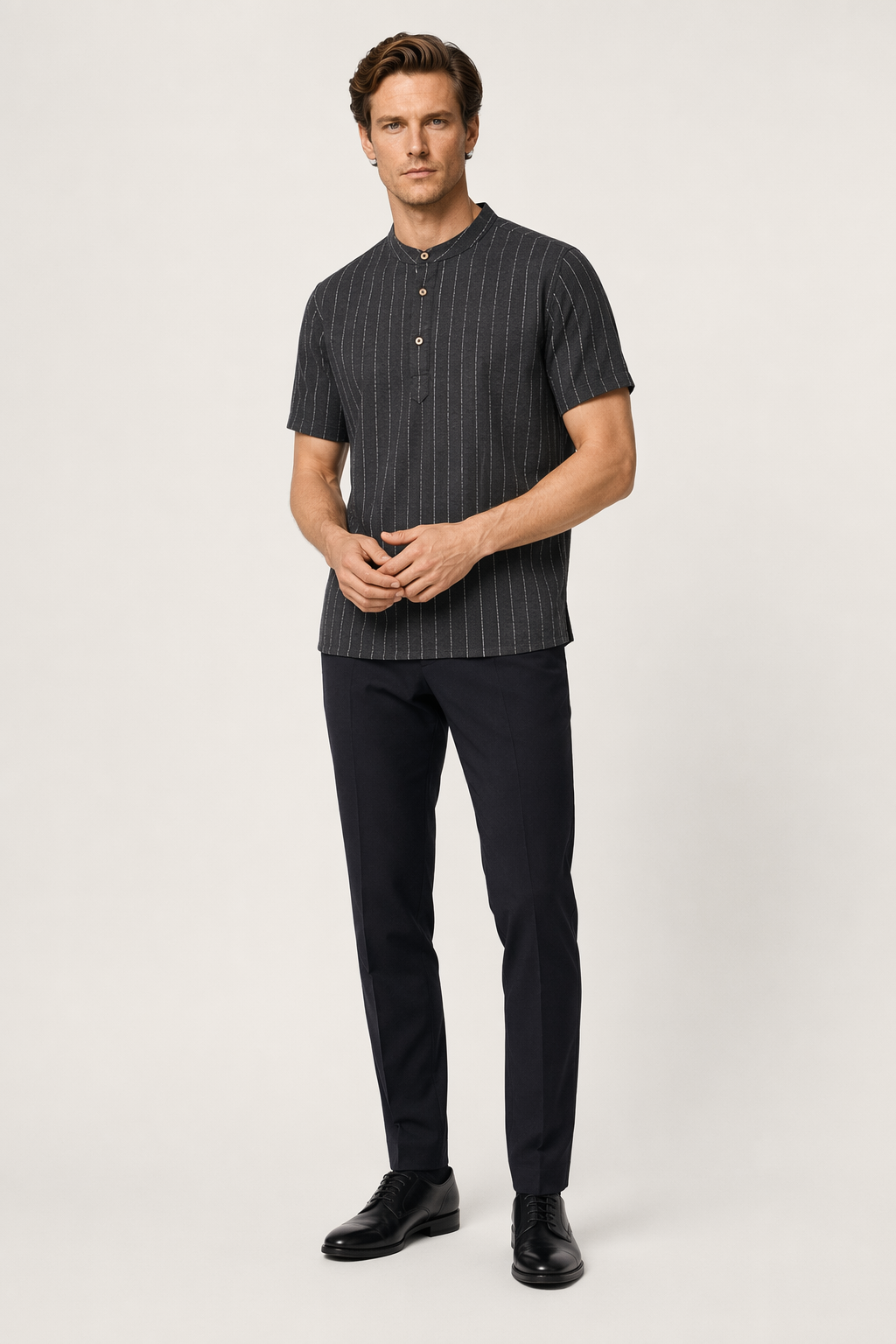 Short Sleeve Linen Striped Shirt for Men Black