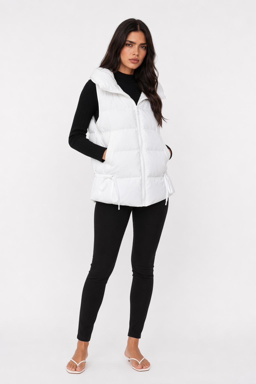 White Women's Puffer Vest with Zipper Closure and Hood Default