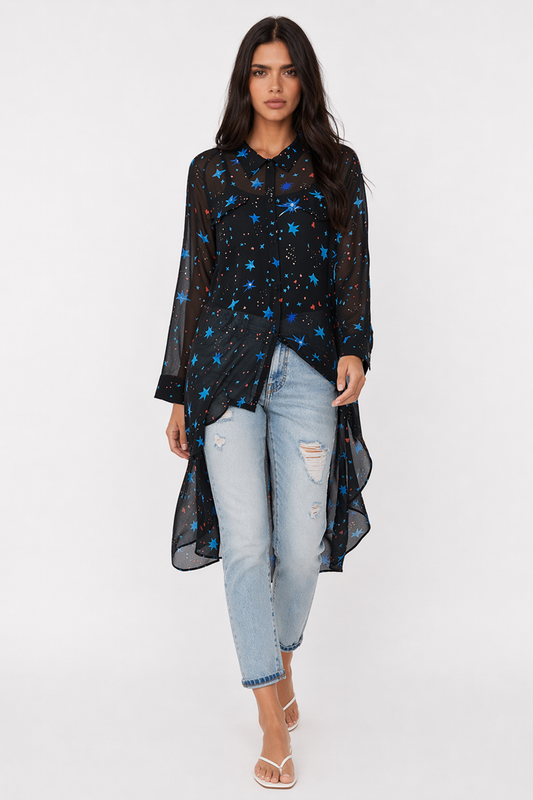 Black Asymmetrical Long Chiffon Top for Women Default
