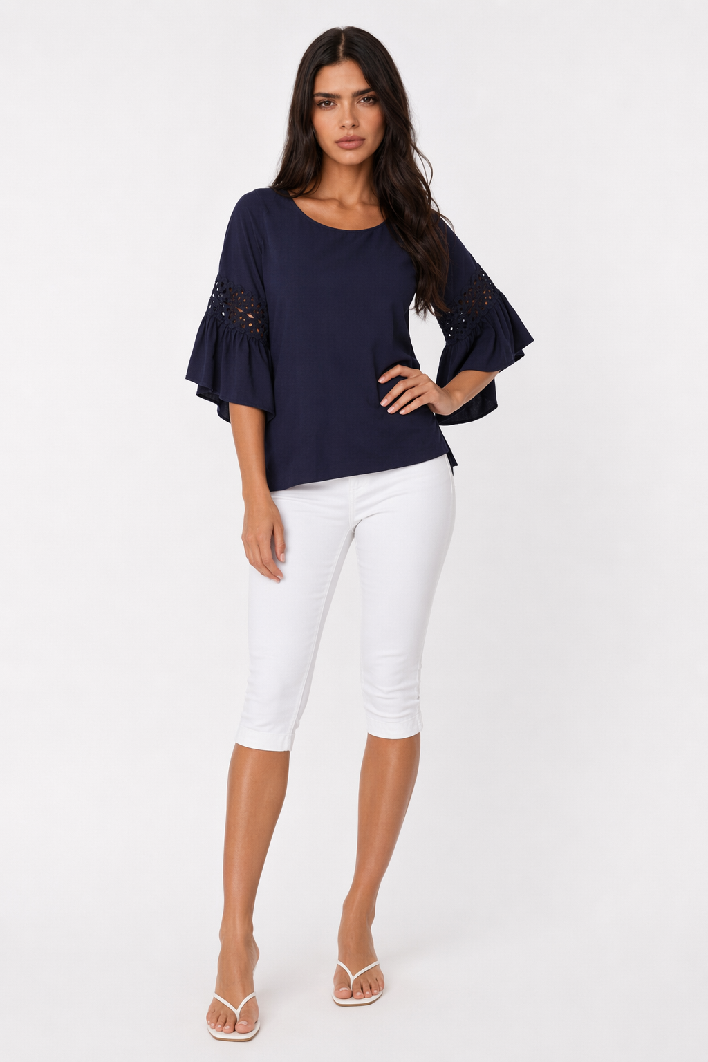 Navy Top with Ruffle Sleeves for Women's Casual Wear Default