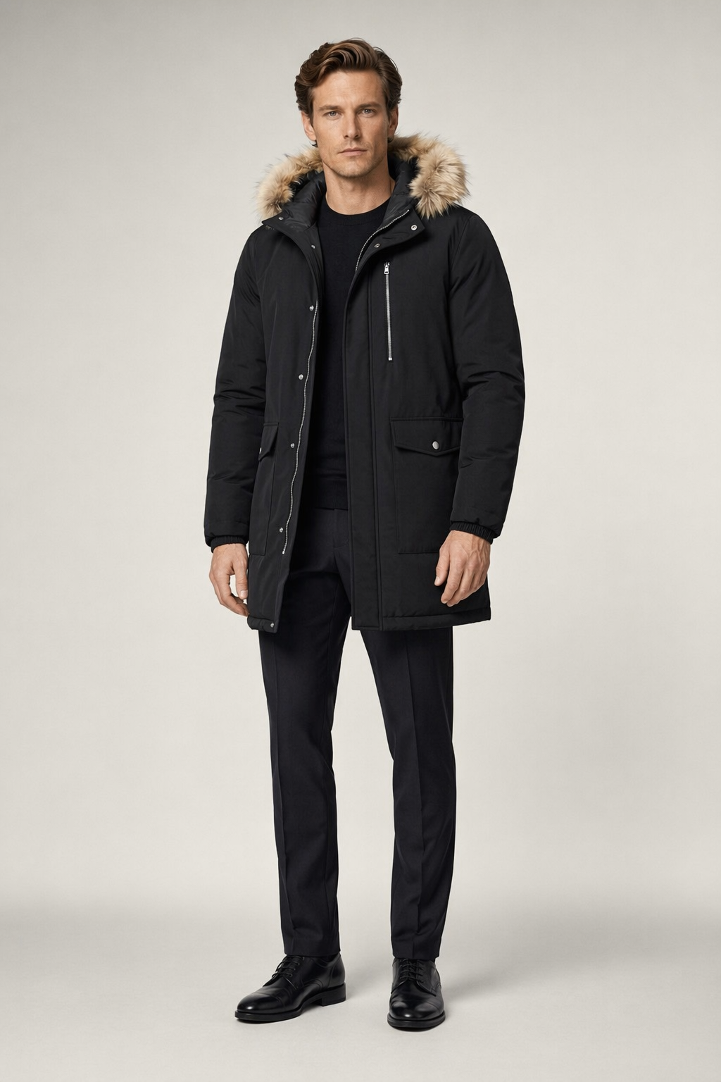 Long Parka Jacket for Men with Faux Fur Hood Black