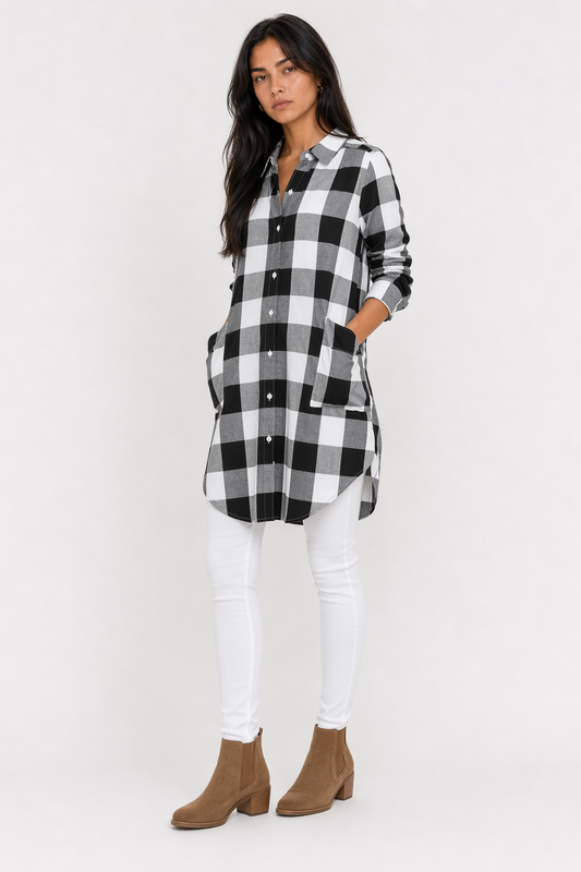 Long Checkered Women's Shirt featuring Pockets Black