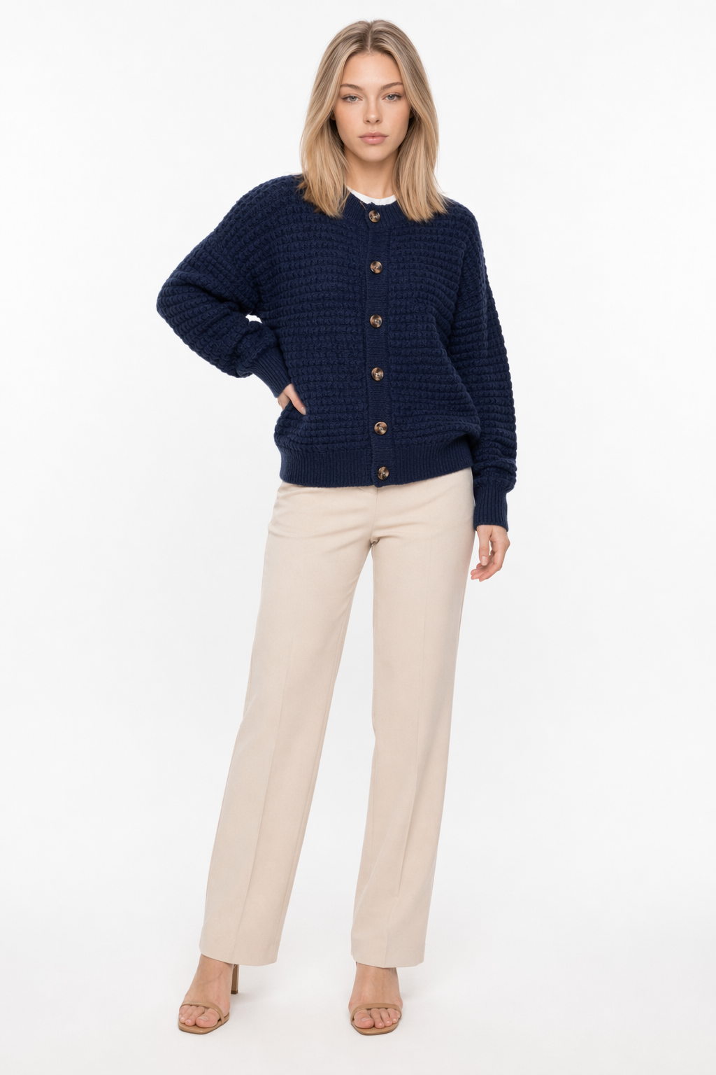 Casual Knit Button-Up Cardigan for Women Navy