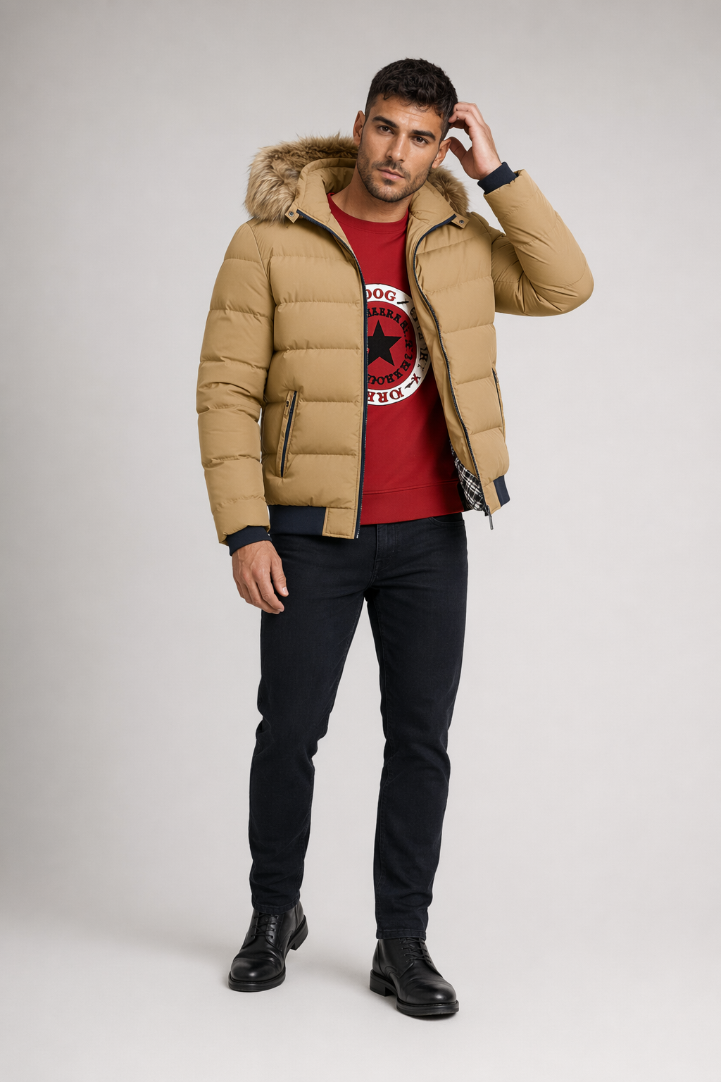 Removable Hooded Men's Two-Toned Quilted Jacket Full Khaki