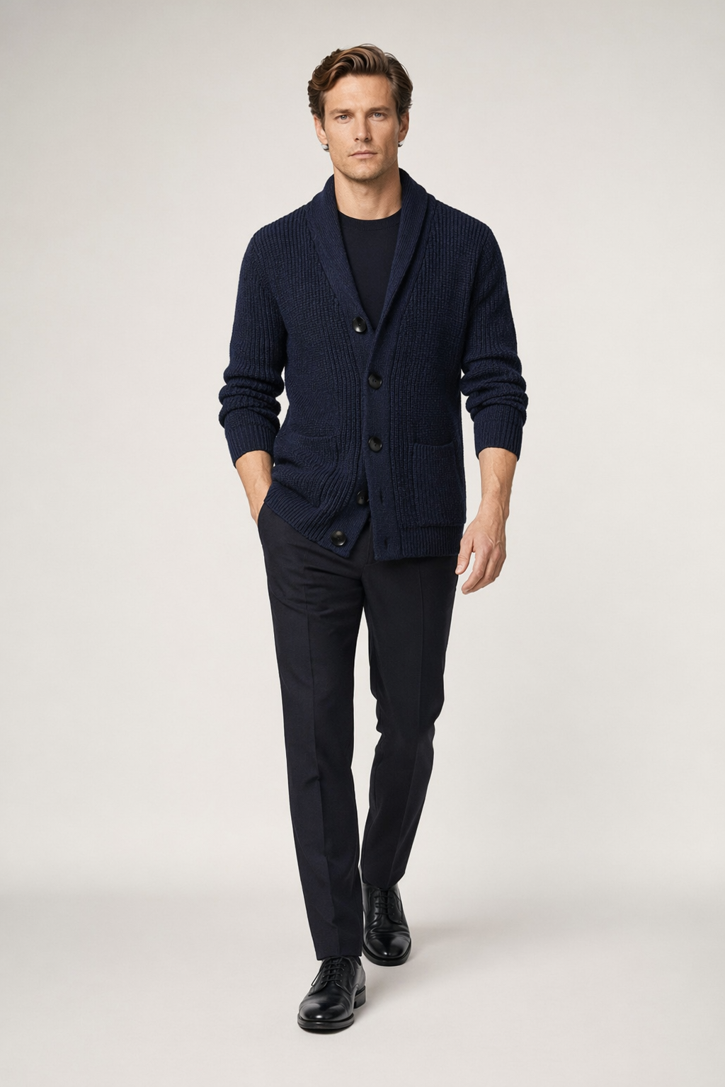 Chunky Knit Cardigan for Men with Shawl Neckline Navy