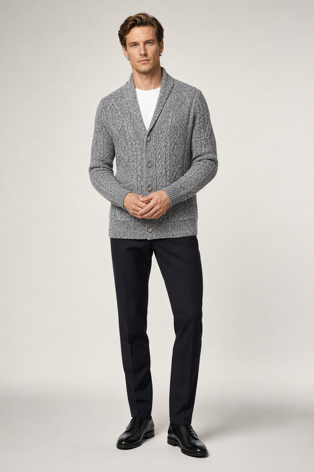 Shawl Collar Men's Cable Knit Cardigan Light Gray