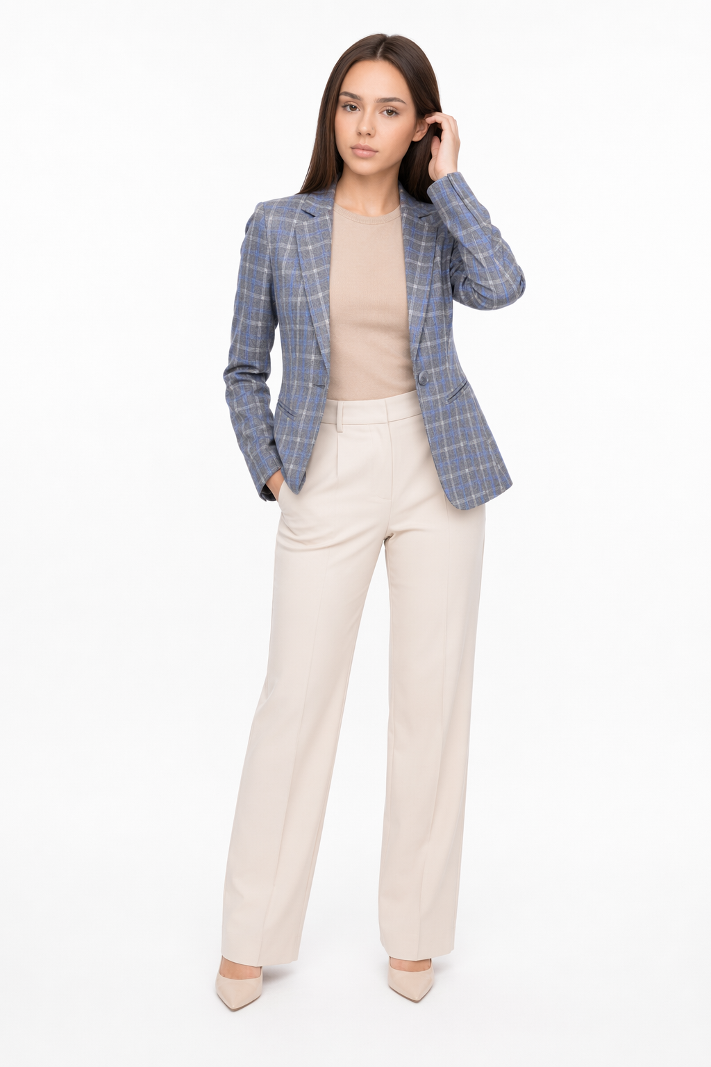 Slim Fit Checkered Blazer for Women Light Blue