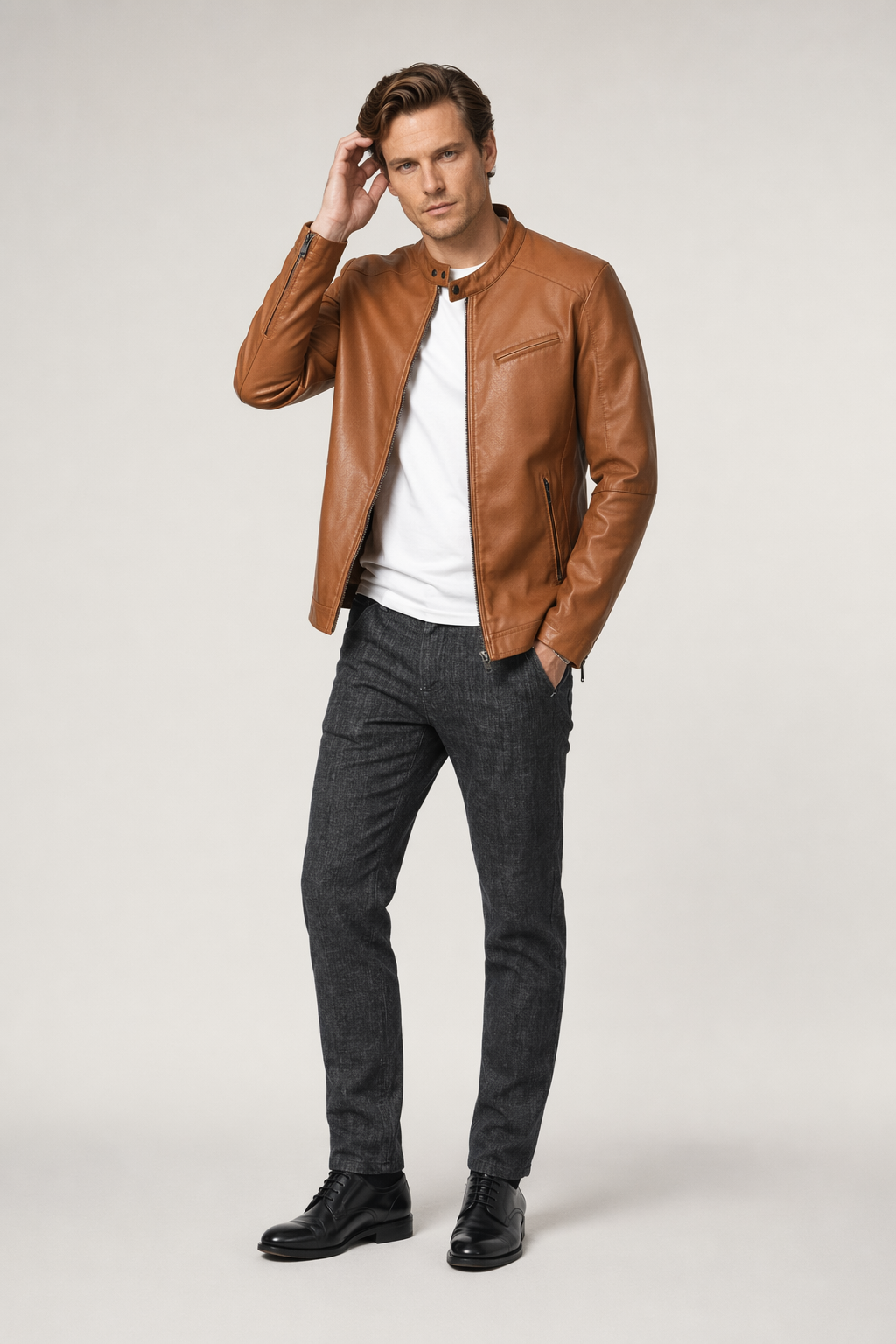 Vegan Leather Biker Jacket with Round Neck Zipper for Men Light Brown