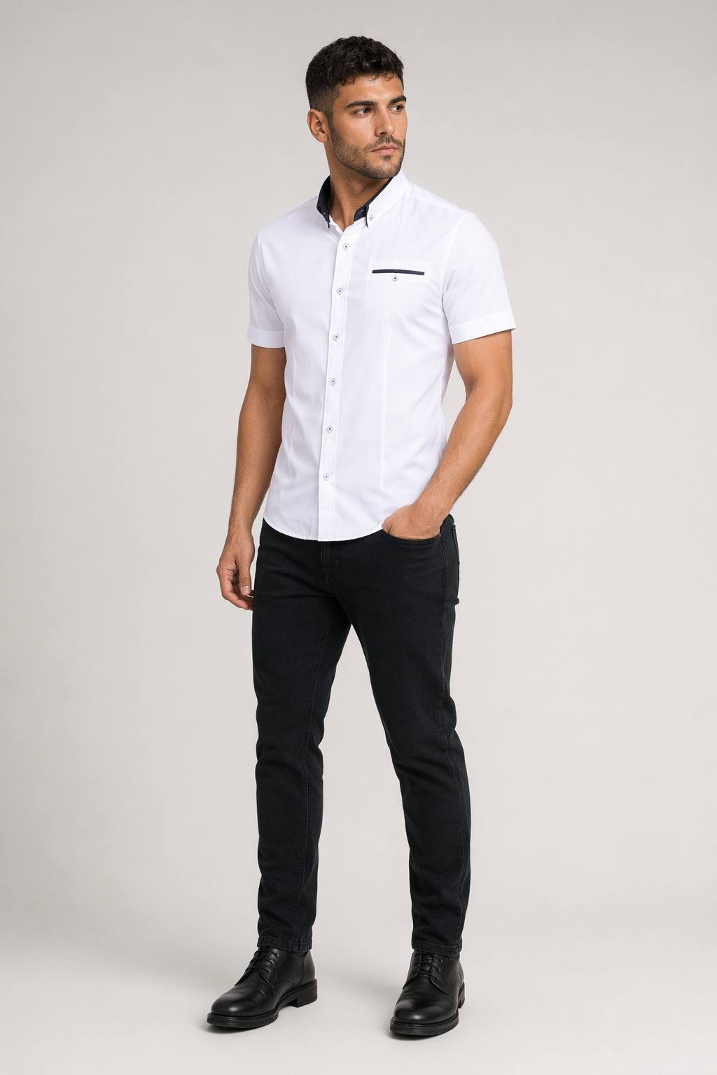 Short-Sleeved Shirt for Men with Unique Dual Collar Style White