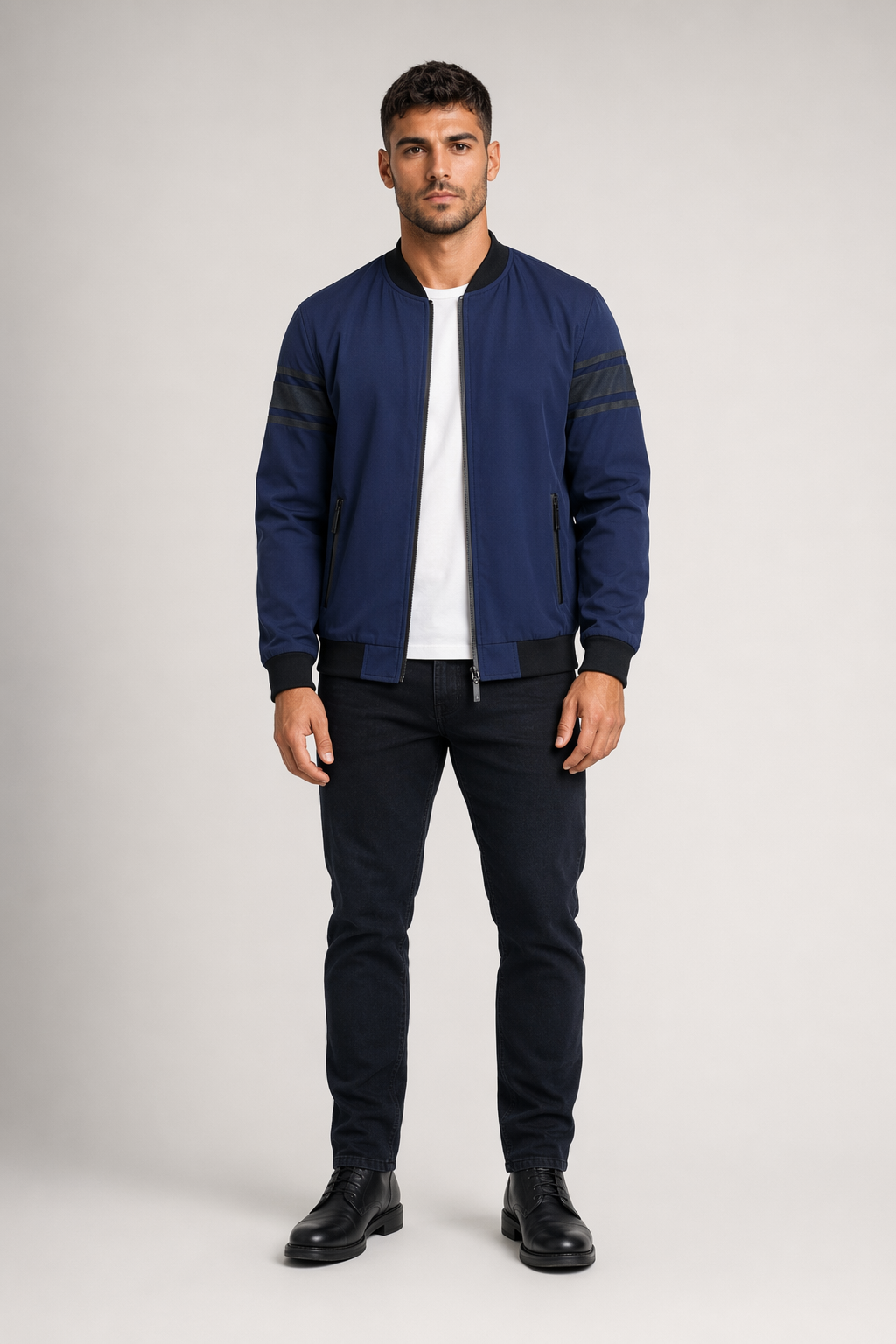 Striped Sleeve Zip-Up Bomber Jacket for Men Navy