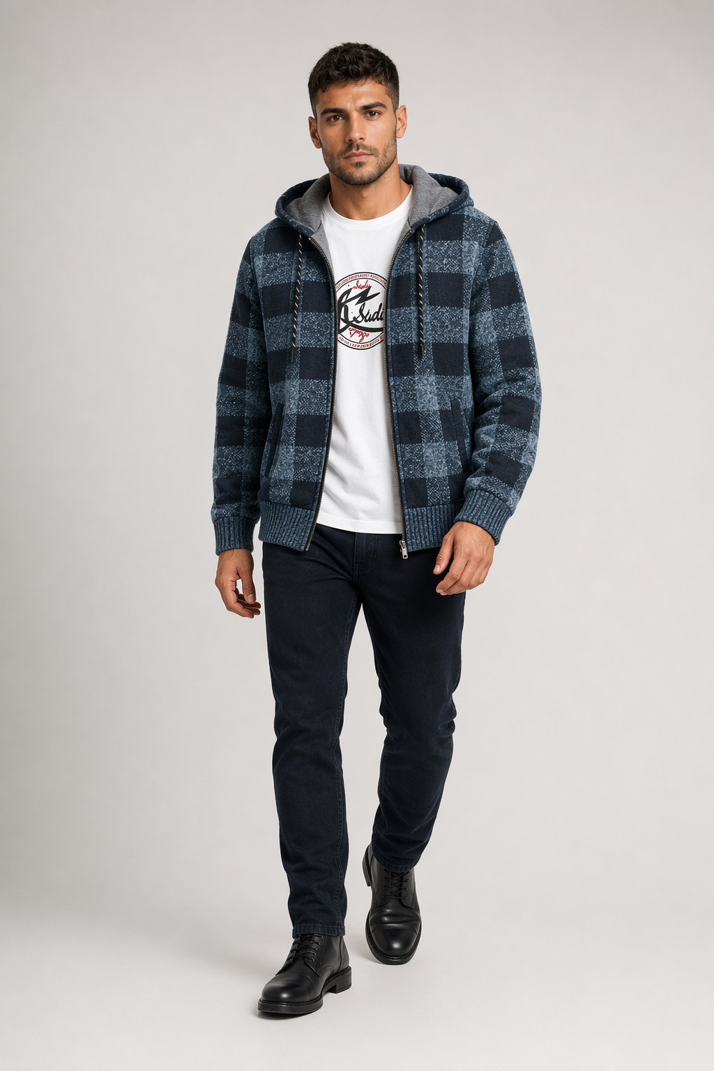 Plaid Zip-Up Jacket for Men with a Hood Blue
