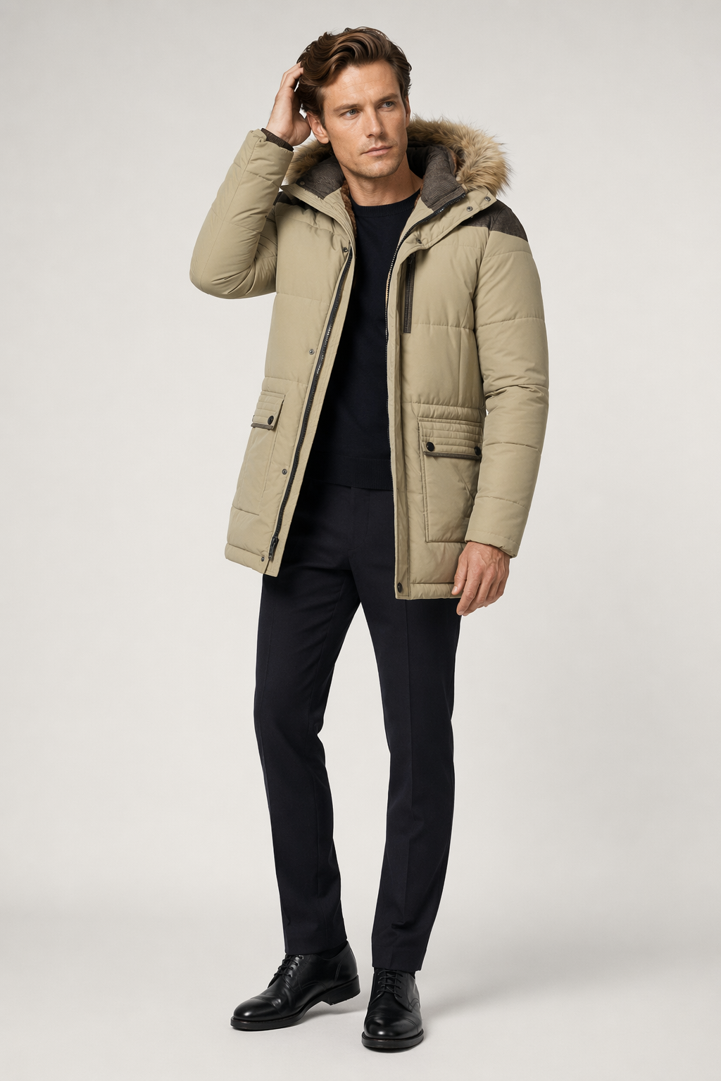 Winter Hooded Coat for Men in Beige Default