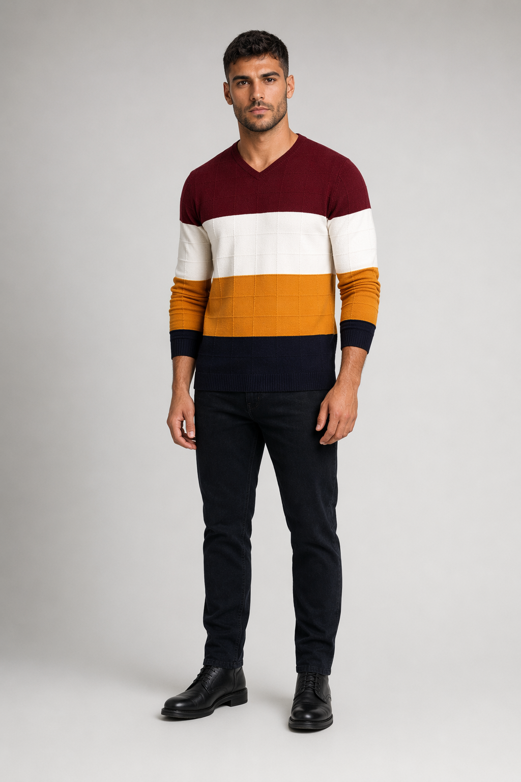Color Block Sweater for Men with a V-Neck Wine