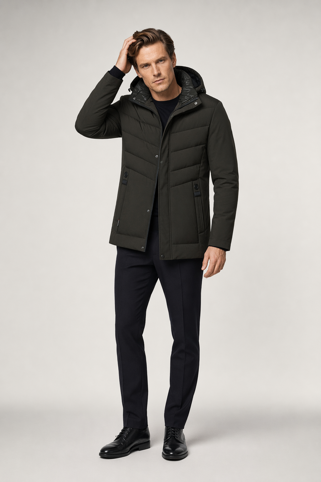 Mid-Length Men's Zip-Up Jacket with Detachable Hood Army Green