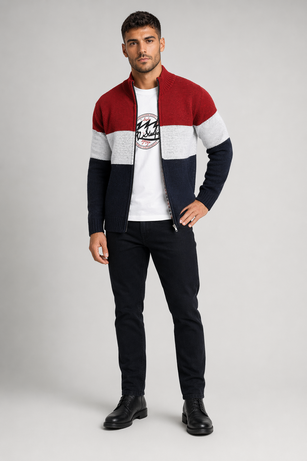 Zip-Up Sweater Jacket for Men's Casual Wear Red