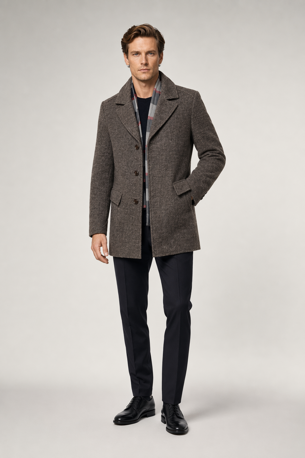 Layered Look Military Coat for Men with Classic Button Front Khaki