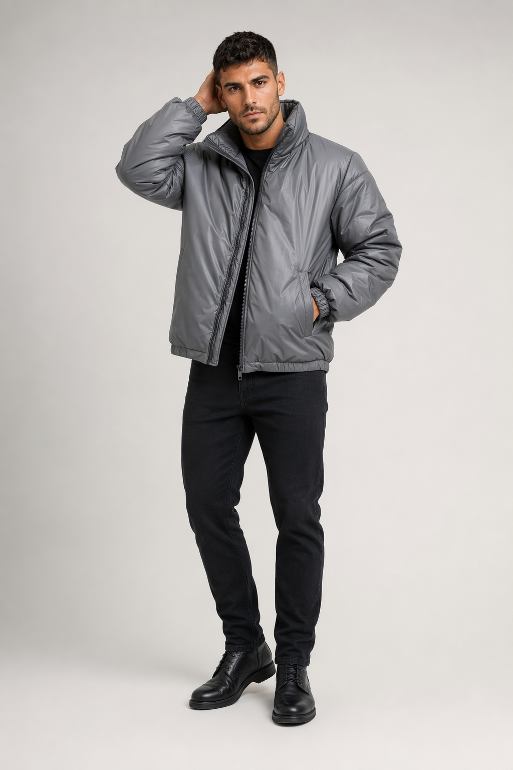 Quilted High Collar Men's Jacket Gray