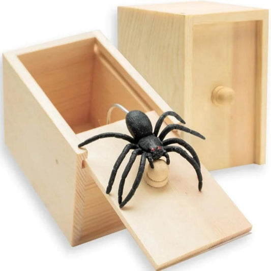 Spider Scare Box Pop-Up Prank Toy: light natural wood, black spider, novelty toy/prop style