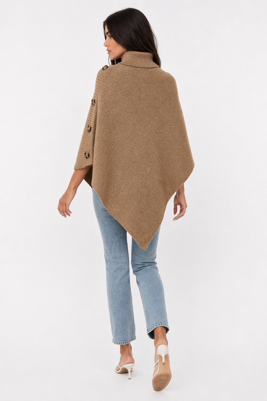 Side Button Detailed Turtleneck Poncho for Women Khaki