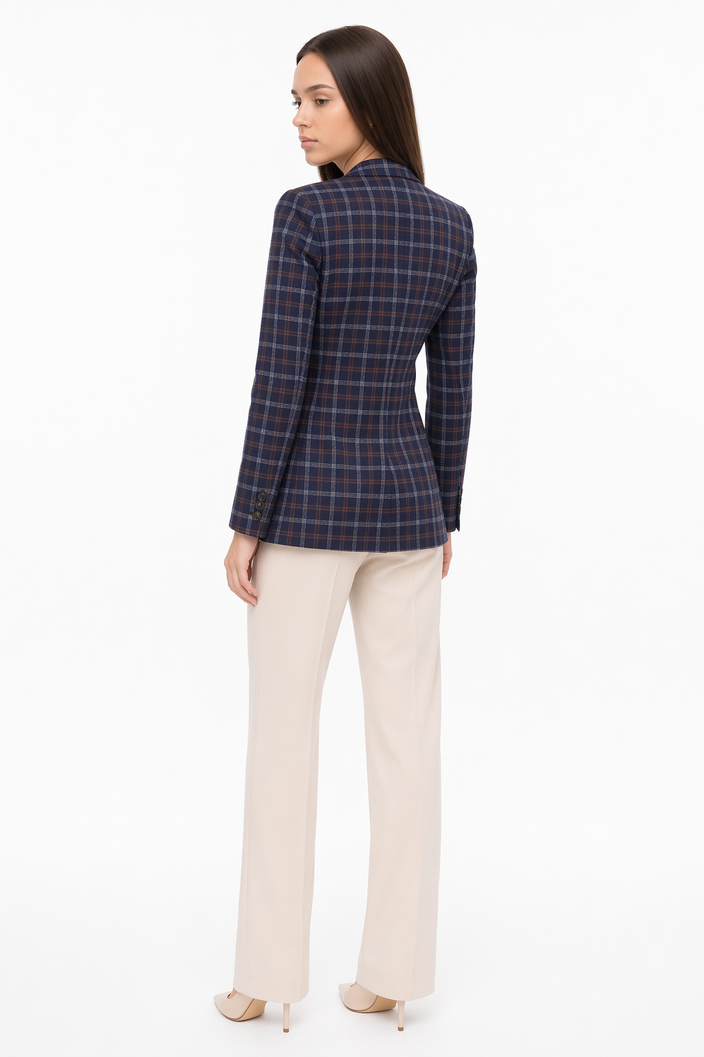 Slim Fit Checkered Blazer for Women Navy