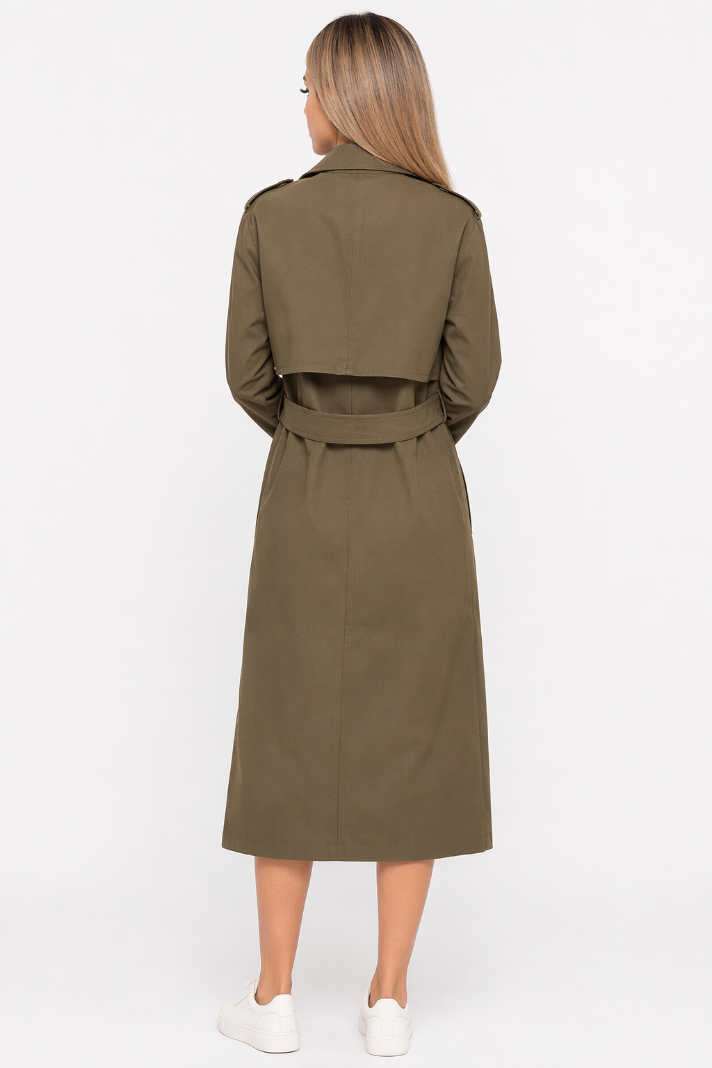 Double-Breasted Long Trench Coat for Women Army Green
