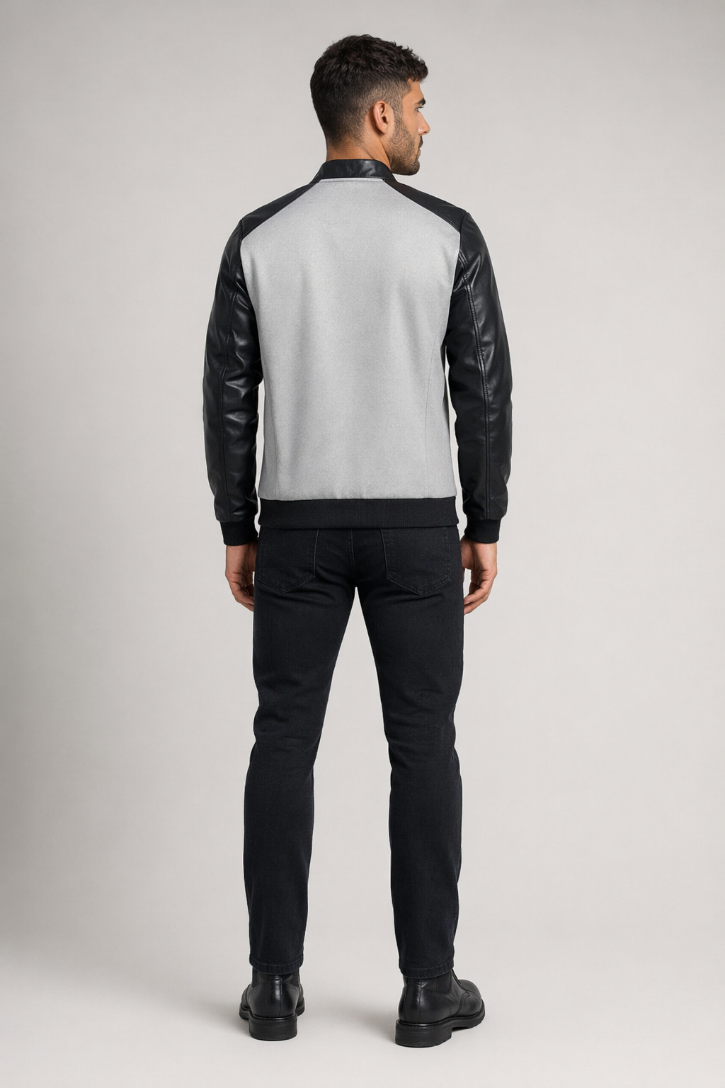 Vegan Leather Sleeves Men's Bomber Jacket Gray