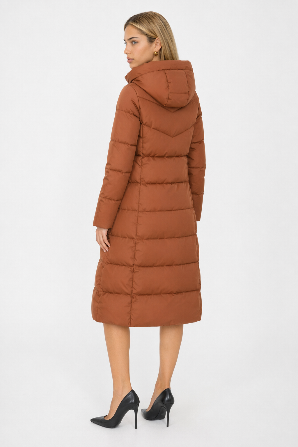 Brown Long Hooded Puffer Coat for Women with a Classic Look Default