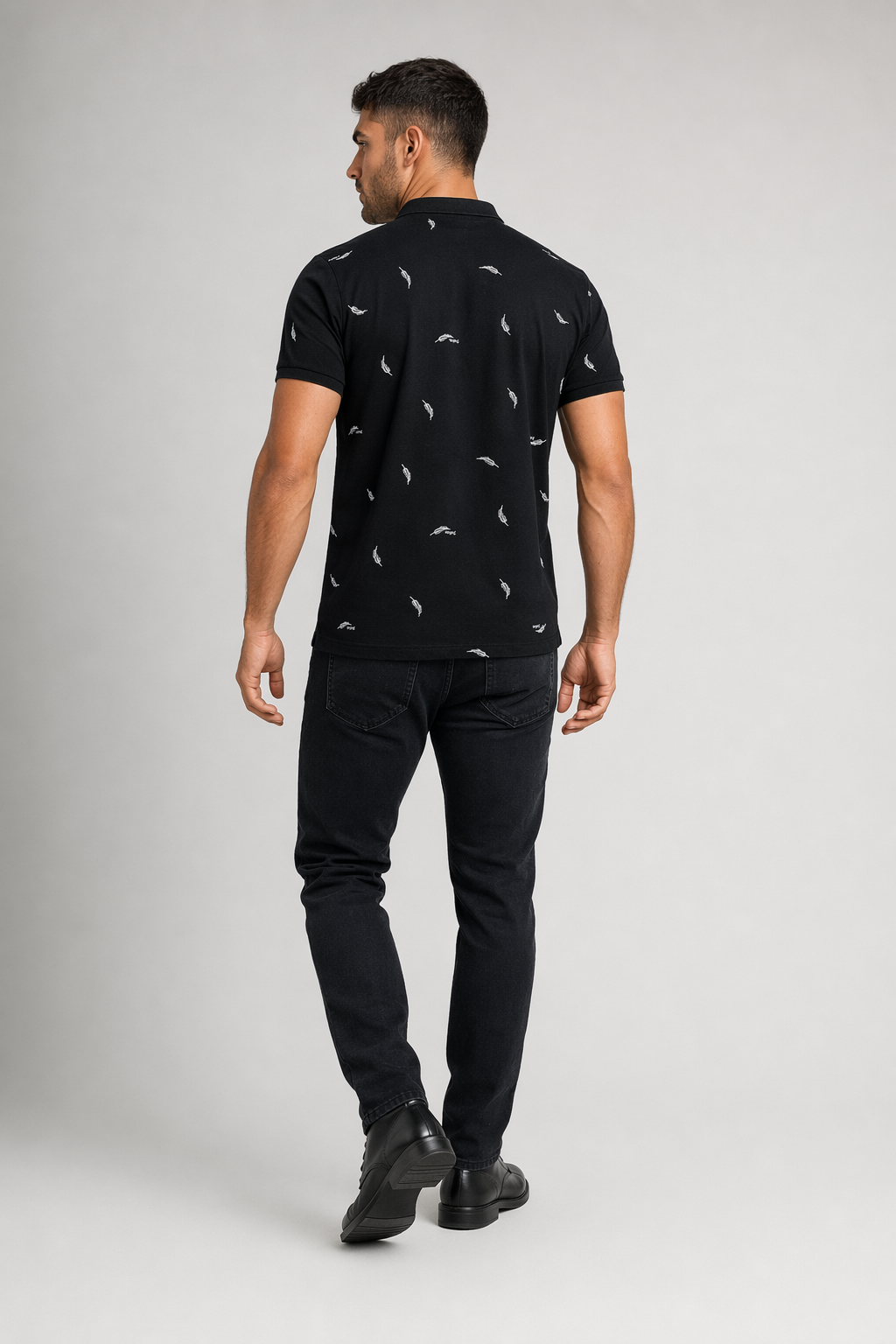 Feather Print Men's Polo Shirt - Short Sleeve Black