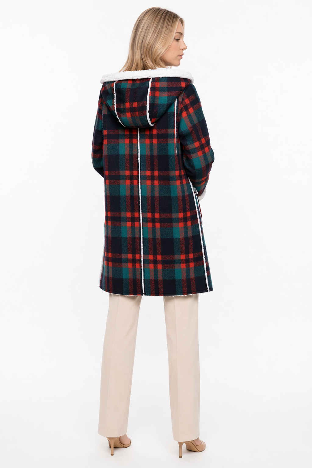 Hooded Women's Check Print Jacket Green