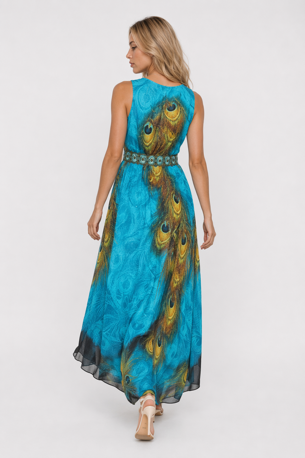 Peacock Sleeveless Dress with Long One Piece Design Default