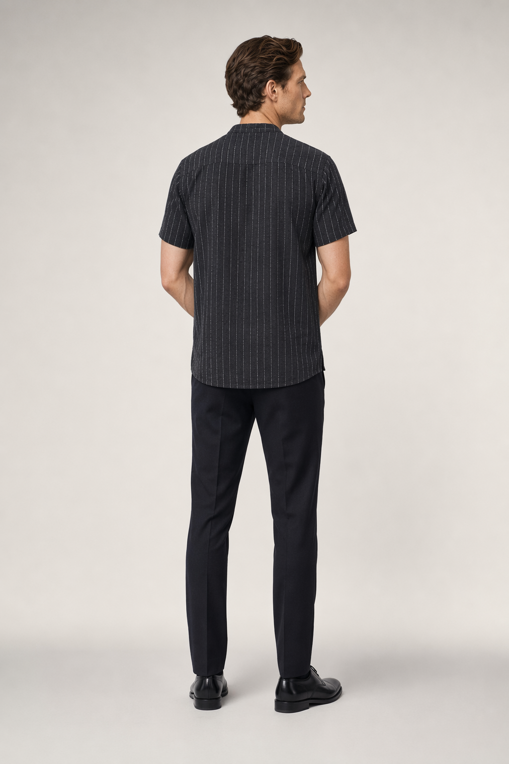 Short Sleeve Linen Striped Shirt for Men Black