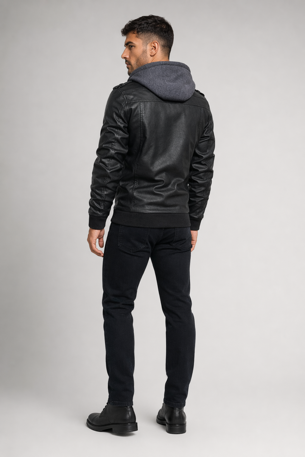 Faux Leather Biker Hooded Jacket for Men Default