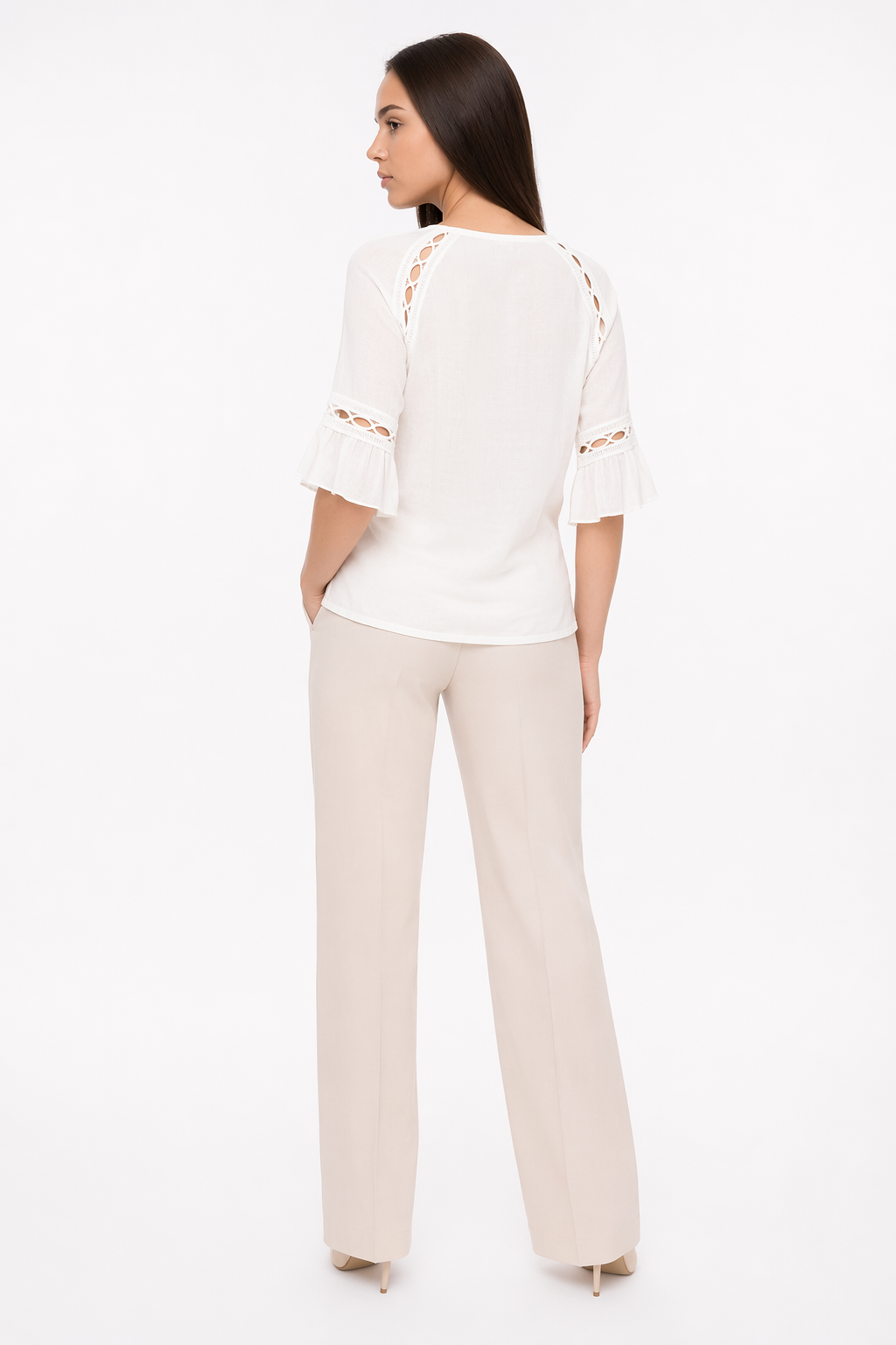 Blouse with Cut-Outs on the Quarter Sleeves White
