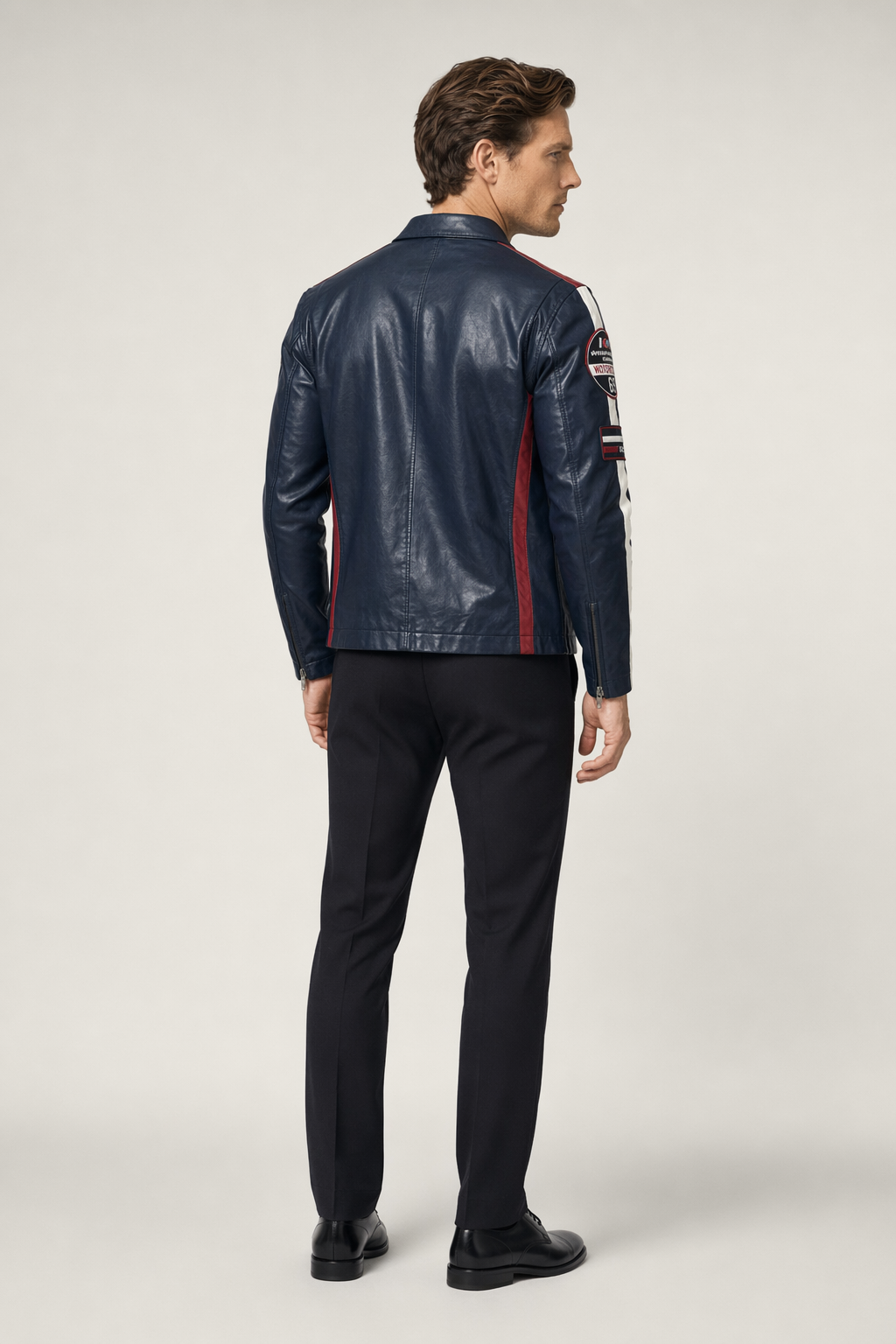 Vegan Leather Motorcycle Jacket with Embellishments for Men Navy