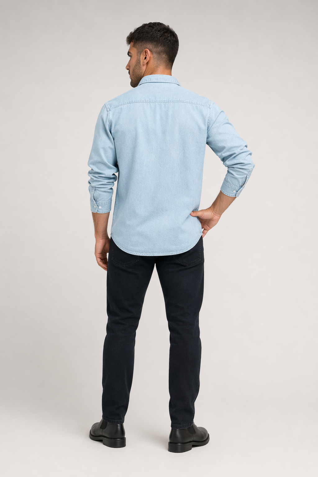 Long Sleeve Denim Shirt with Single Pocket for Men Light Blue