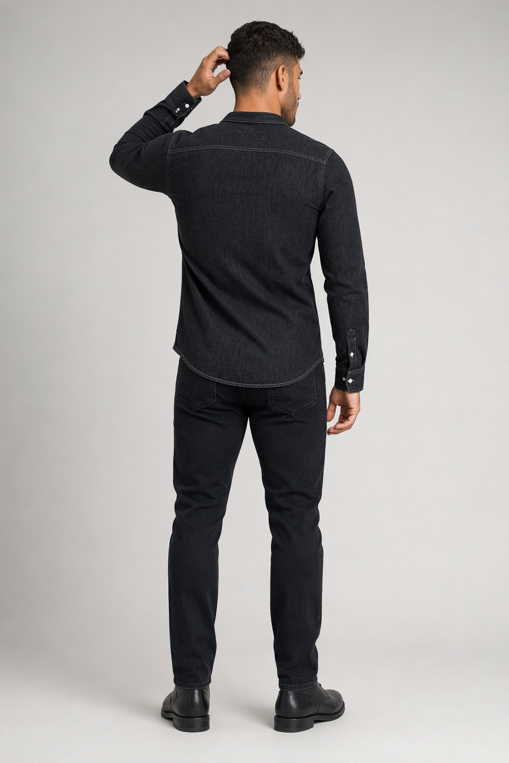 Long Sleeve Denim Shirt with Single Pocket for Men Black