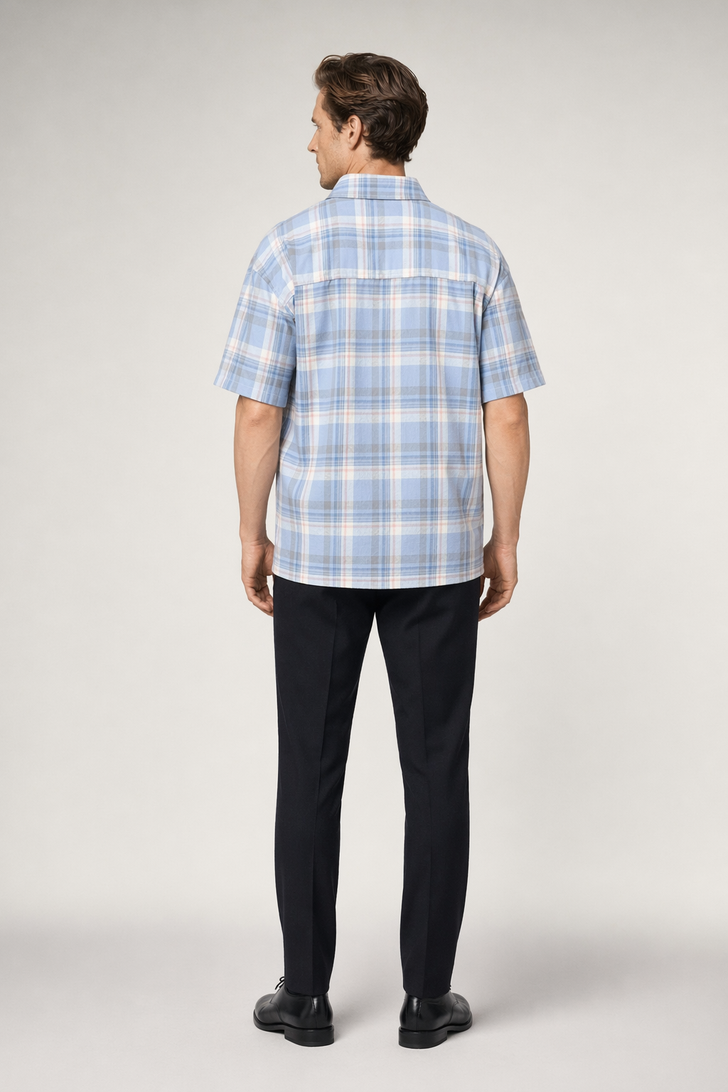 Summer Plaid Shirt for Men with Short Sleeves Light Blue
