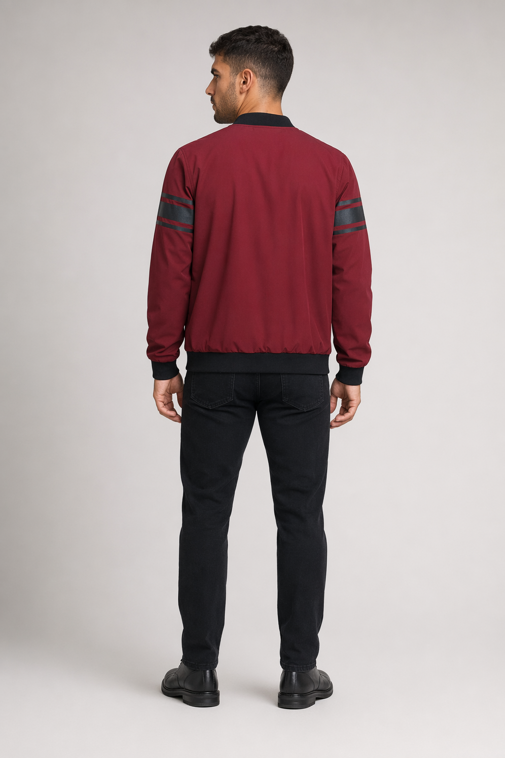 Striped Sleeve Zip-Up Bomber Jacket for Men Wine