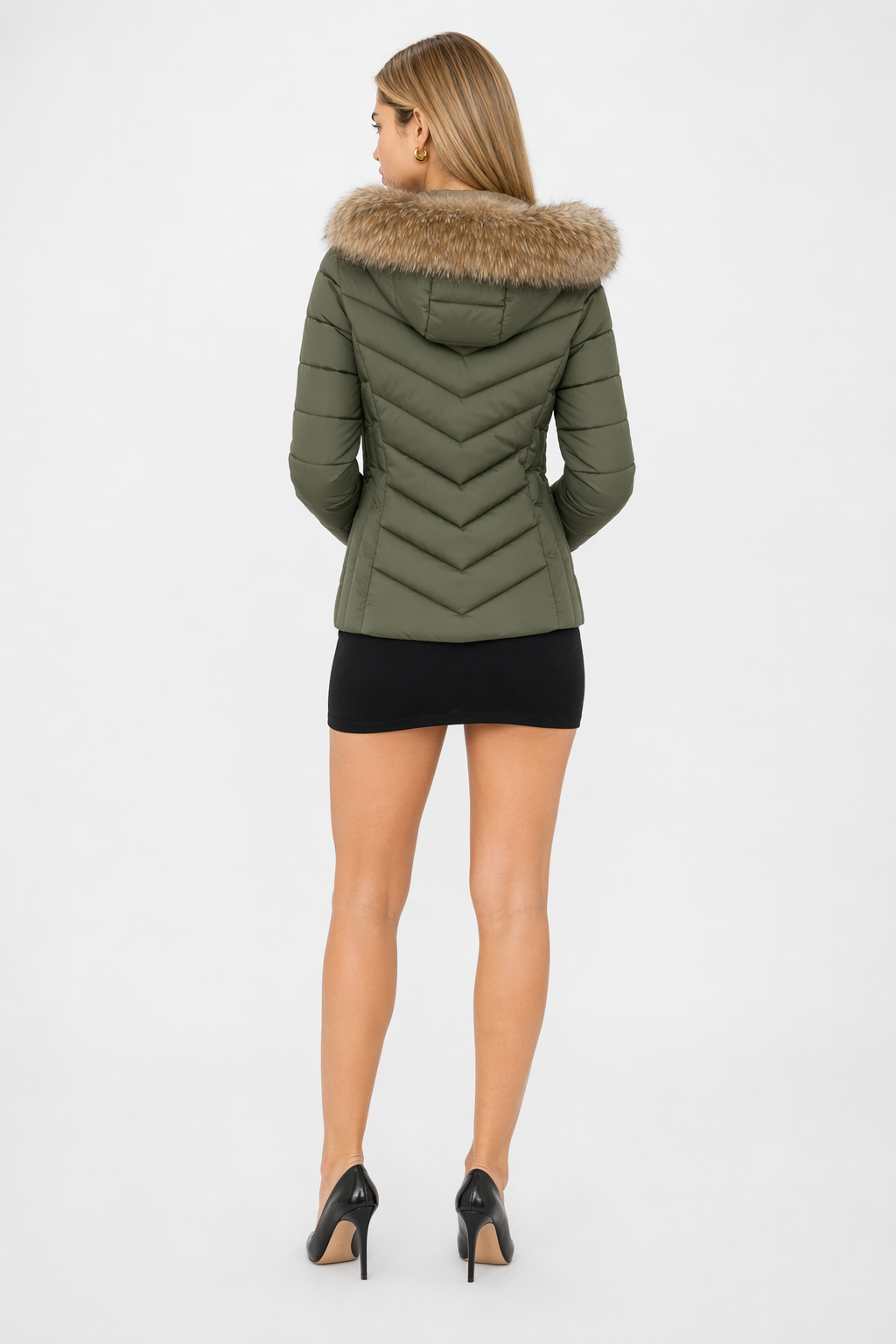 Army Green Slim Fit Hooded Zip Up Winter Short Coat for Women Default